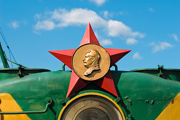 Image showing Red star with Stalin profile
