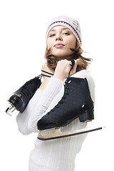 Image showing Positive woman hold ice skates