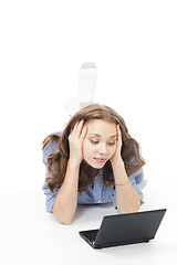 Image showing Sad woman with laptop