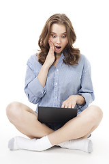 Image showing Shocked woman sit with laptop