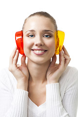Image showing Music has collor - woman with color headphones