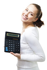 Image showing Happy woman stand with calculator