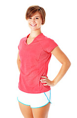 Image showing Young Fitness Woman in Red Shirt Isolated on White