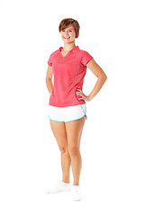 Image showing Young Fitness Woman in Red Shirt Isolated on White