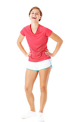 Image showing Young Fitness Woman in Red Shirt Isolated on White