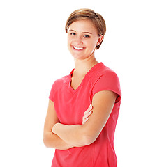 Image showing Young Fitness Woman in Red Shirt Isolated on White