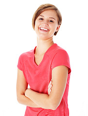 Image showing Young Fitness Woman in Red Shirt Isolated on White