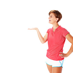 Image showing Young Fitness Woman in Red Shirt Presenting, Isolated on White