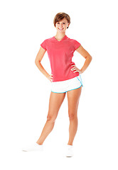 Image showing Young Fitness Woman in Red Shirt Isolated on White