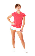 Image showing Young Fitness Woman in Red Shirt Isolated on White