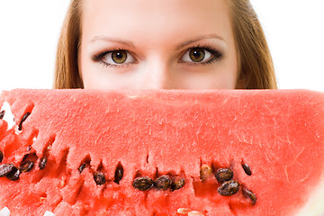 Image showing Face of a woman with watermelon