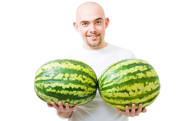 Image showing Man with two watermelons show double growth