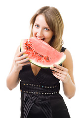 Image showing woman eat watermelon and smiling