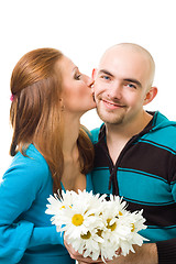 Image showing woman kiss bold young happy man