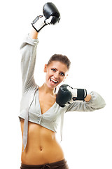 Image showing Happy woman champion of boxing tournament