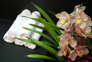 Image showing Orchids and towels - spa and beauty