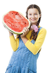 Image showing Happy teenager girl with half of watermelon