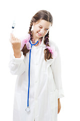 Image showing Girl with syringe afraid to make injection