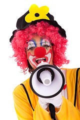 Image showing Funny clown with a megaphone