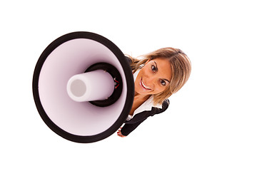 Image showing businesswoman at the megaphone