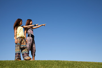 Image showing Happy sisters at the field