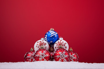 Image showing Christmas balls over a red background