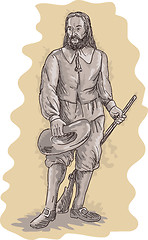 Image showing Pilgrim standing holding musket rifle