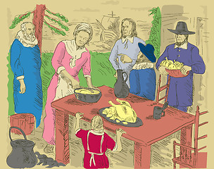 Image showing Pilgrims celebrating first thanksgiving dinner