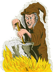 Image showing Witch stirring cooking brew pot