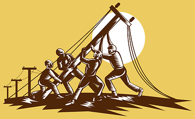 Image showing Team of linemen raising up electricity post