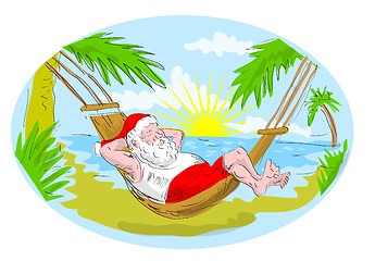 Image showing santa claus in hammock relaxing in tropical beach