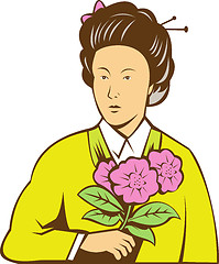 Image showing Japanese woman in kimono holding flowers