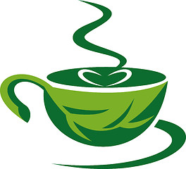 Image showing steaming coffee cup made out of a green leaf with heart