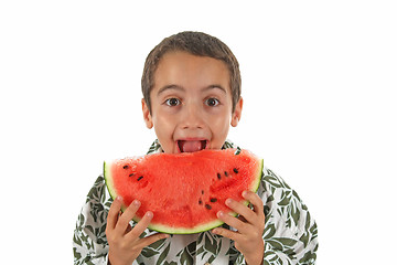 Image showing boy eating watermelon isolated on white