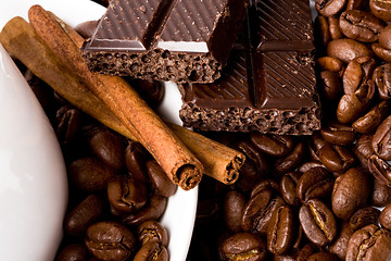 Image showing chocolate, coffee beans, cinnamon sticks