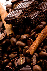 Image showing hocolate, coffee and cinnamon sticks