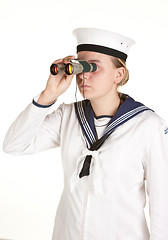 Image showing young sailor with binoculars isolated white background