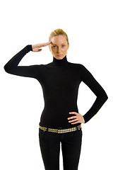 Image showing attractive girl in black saluting to camera