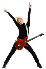 Image showing woman guitarist with hands in the air