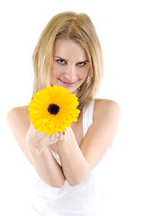 Image showing portrait of a beautiful woman with a gerbera 