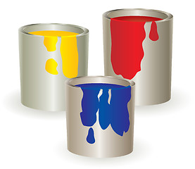 Image showing Three containers with yellow, red and blue paint.