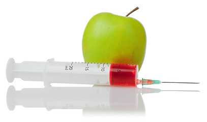 Image showing  green apple and a syringe with red liquid