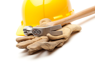 Image showing Yellow Hard Hat, Gloves and Hammer on White