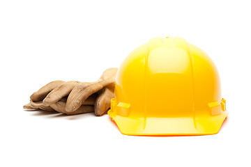 Image showing Yellow Hard Hat and Gloves on White