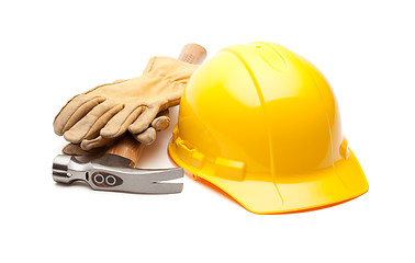 Image showing Yellow Hard Hat, Gloves and Hammer on White