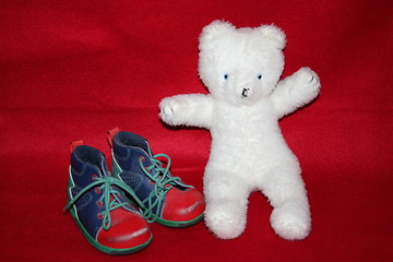 Image showing Boy-shoes  and favourite-bear