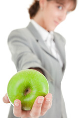 Image showing smiling woman with apple