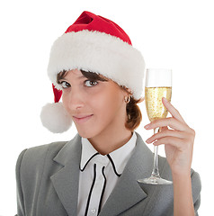 Image showing business girl in Santa hat and with champagne