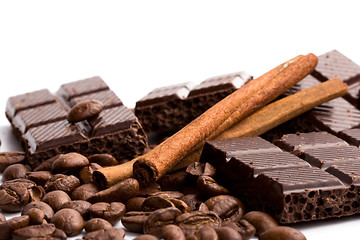 Image showing chocolate, coffee and cinnamon sticks