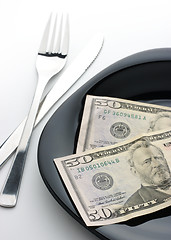 Image showing Dollars on plate with fork and knife